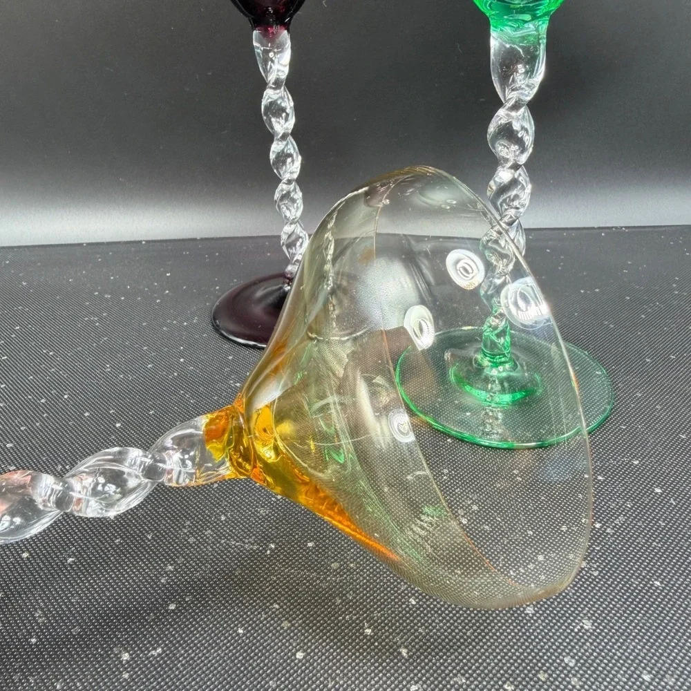 Pier 1 Martini Glasses Set of 3 Twisted Stem Amber Plum Green Barware Glasses